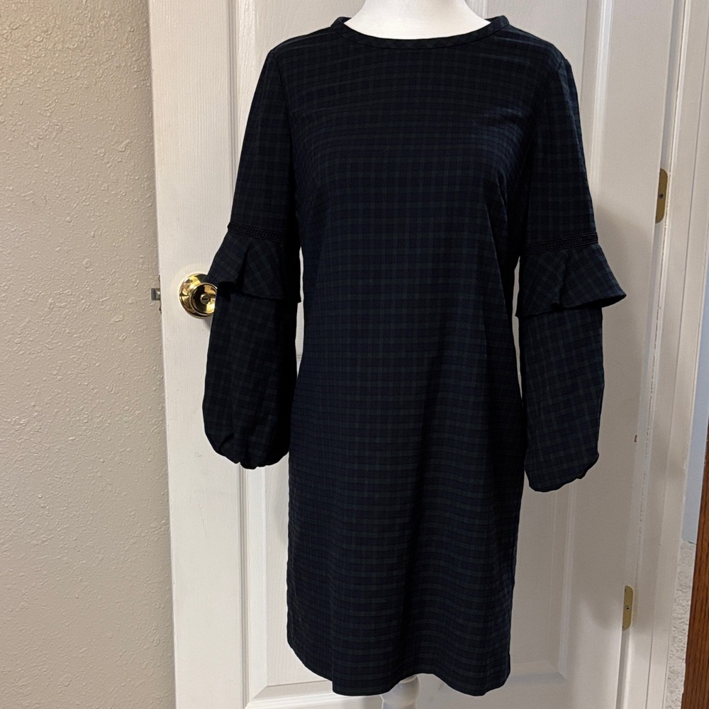 LOFT Tulip Sleeve Dress – 0P – Green & Blue Fall Checkered Dress